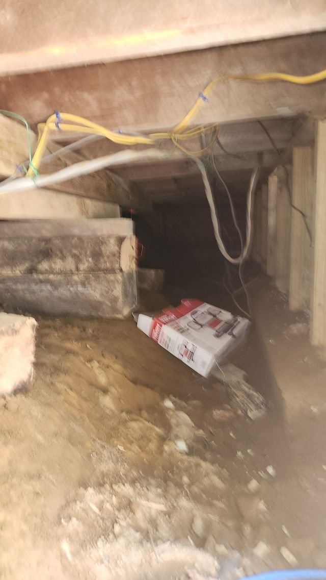 A low tunnel under the house with wiring overhead and fresh dirt below